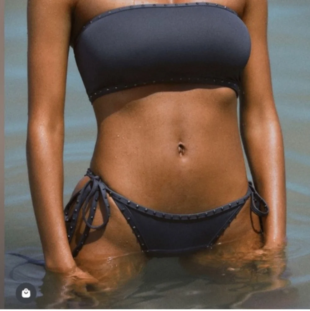 NWT  SKIMS Rhinestone Swim Strappy Tie Bikini Bottom Gunmetal Gray Plus 3X